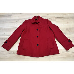 1 Madison‎ Women Large Pea Coat Wool Blend Button Down Red Missing Hood